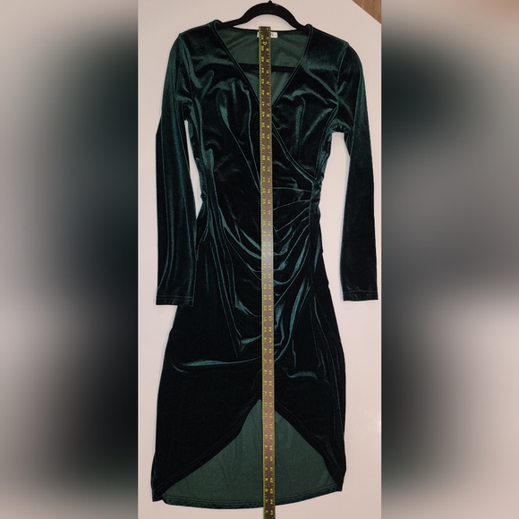 Green Velvet Wrap Dress, V-Neck Long Sleeve Midi, Holiday Party Dress, Women's M - Picture 6 of 7